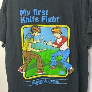 STEVEN RHODES My First Knife Fight Graphic Black T-Shirt Retro Pulp Horror